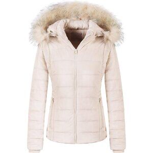 Women's Beige Velvet Puffer Jackets Coat Faux Fur Lining Winter Removable Hood